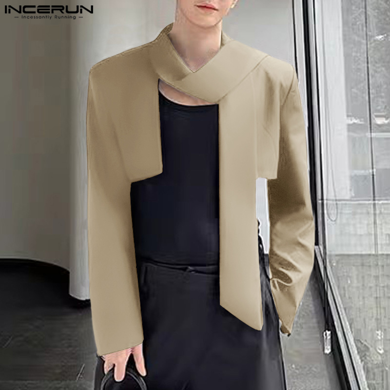 Nam hiệu incerun Áo liền màu tay áo dài tối giản Áo Blazer cắt ngắn thiết kế ruy băng tiên tiến (phong cách Hàn Quốc)