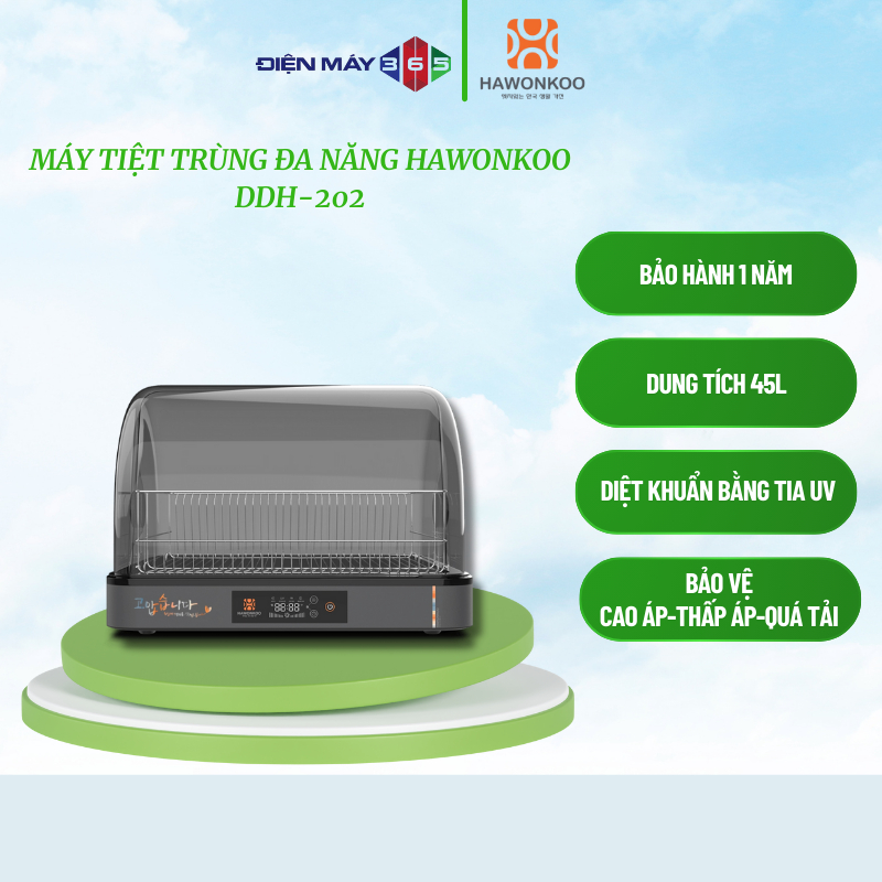 Hawonkoo DDH-202 – Máy Sấy & Tiệt Trùng UV – 45L – 4 Chế Độ Sấy – Điều Khiển Cảm Ứng – Bảo Vệ Quá Tải – Làm Khô Nhanh – Dễ Vệ Sinh