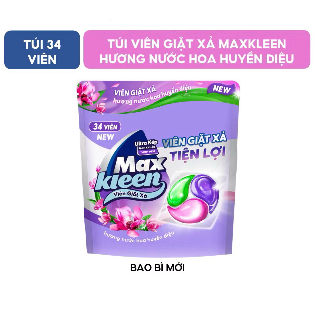 Viên giặt xả 2 trong 1 MaxKleen hương nước hoa huyền diệu túi 34 viên