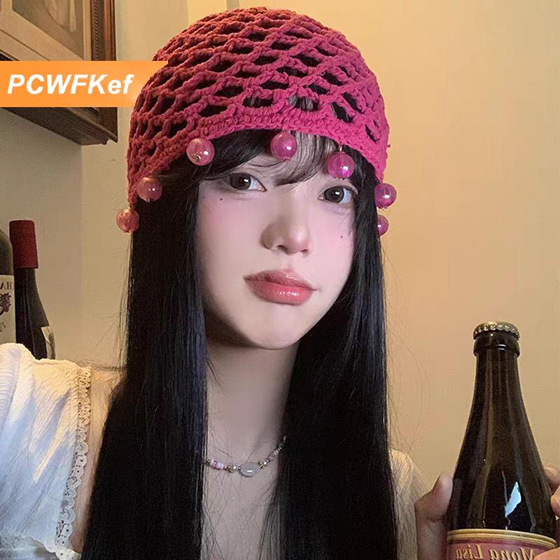 【PCWFKef】 หมวกถักโครเชต์กลวงอเนกประสงค์สำหรับผู้หญิงเด็กผู้หญิงหมวกแบบสวมหัวปักลูกปัดดีไซน์แบบส่วนตัวสำหรับเป็นของขวัญ ราคา 225 บาท*ส่งฟรี