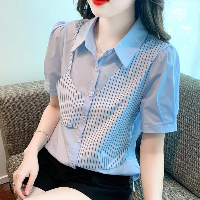 Áo sơ mi kẻ sọc luxqlo Áo kiểu Hàn Quốc thường ngày thời trang nữ dáng suông cộc tay mùa hè cỡ lỡn á