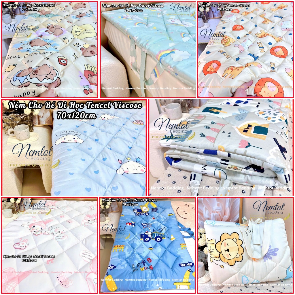 🌳ÊM MỀM🌳 Nệm Cho Bé Đi Học Vải Lyocell Viscose Thoáng Mát Nệm Chần Bông Lông Vũ Cao Cấp Kèm Túi Đựng _ Nemtot Bedding