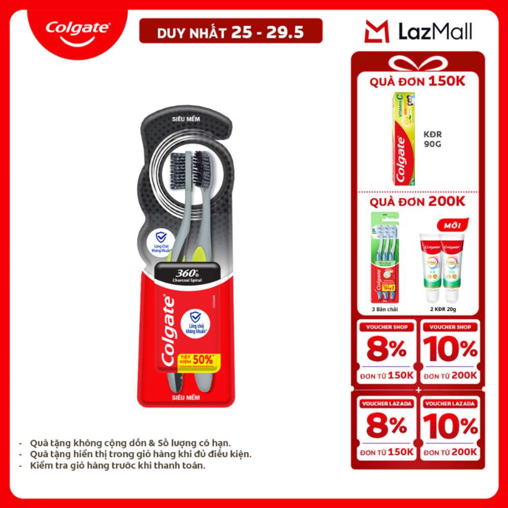 [Chỉ 25-29.5_X2 Voucher giảm 20%] Bàn chải Colgate 360 than hoạt tính kháng vi khuẩn Charcoal Spiral lông chải xoắn kép