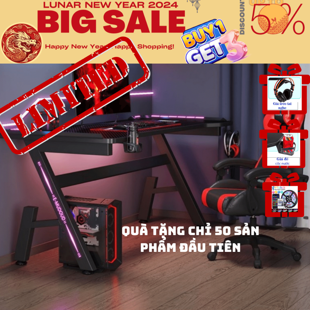 Bàn làm việc Gaming Chữ K, Chữ Y FWD, bàn học để máy tính,bàn làm việc,quà tặng phụ kiện giá treo tai nghe và để cốc