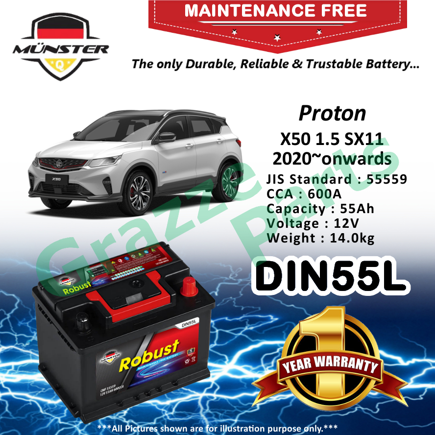 Mnster Robust MF CMF DIN55 | DIN55L | 55559 (55AH) Car Battery Bateri Kereta Proton X50 X-50 X 50 1.5 SX11 2020~onwards