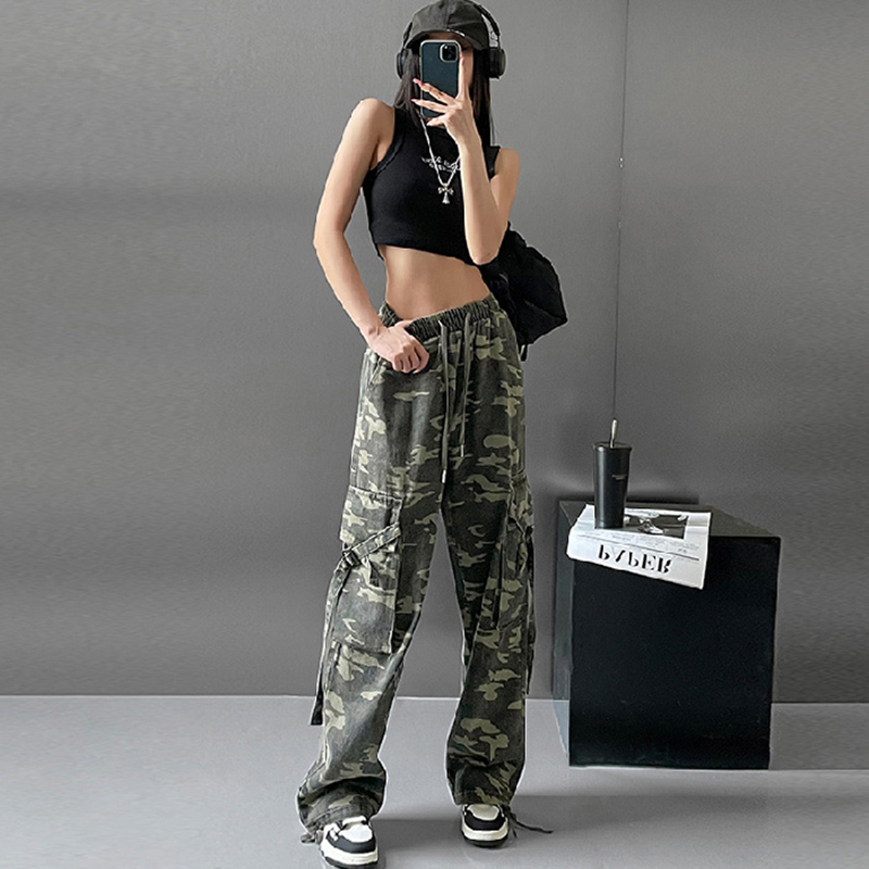 [Dmyp] Phụ Nữ Giản Dị Quần túi hộp rằn ri Y2K Giữa eo quần legging rộng Túi quần đáy thụng Thời Trang Dạo Phố Hiphop Quần