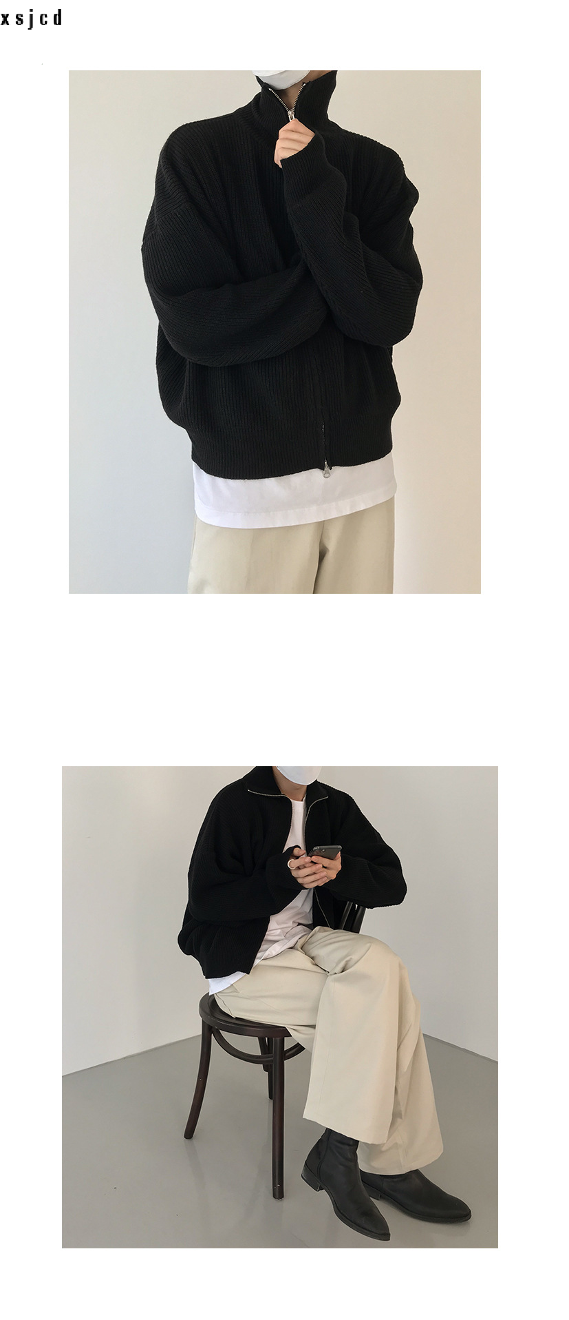 xsjcd Cardigan sweater jacket men's autumn and winter Hong Kong style solid color sweater trendy design casual stand-up540_voghion.com