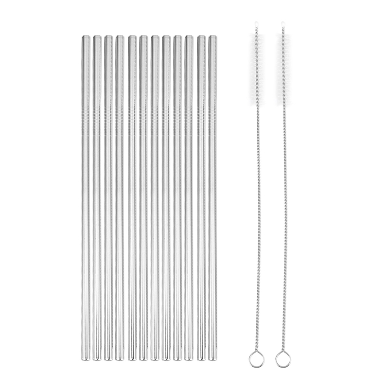 set of 12, Stainless Steel Straws, Reusable Metal Drinking Straws, Straight Straws + 2 Cleaning Brushes