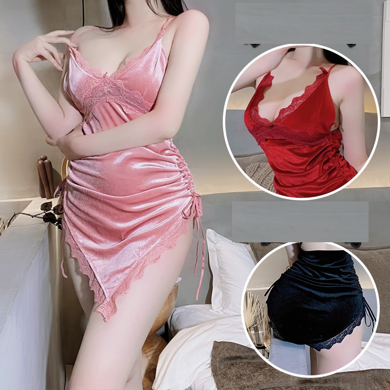 Váy ngủ nhung vạt chéo viền ren gợi cảm B035