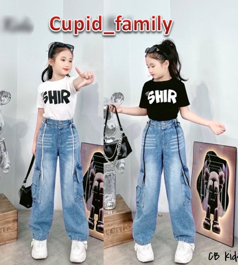 SIZE 8-28KG: Bộ croptop SHIR quần jean túi hộp sành điệu cho bé gái