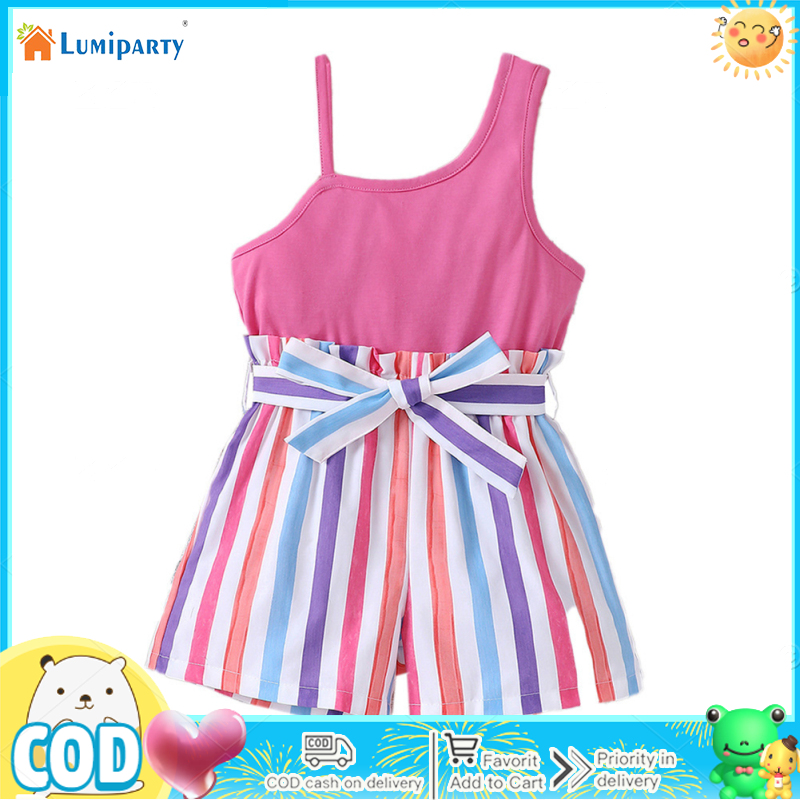 Toddler Baby Girls Striped Patchwork Bodysuit Asymmetrical Sleeveless Jumpsuit Bowknot Waistband Short Rompers ราคา 211 บาท*ส่งฟรี