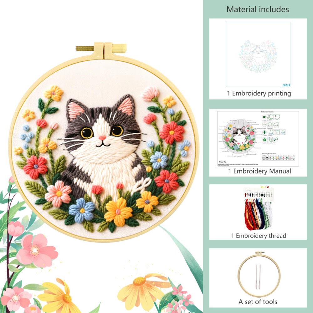 ELFINL DIY Embroidery Kit Cat Colorful Punch Kits Animal Embroidery Handmade work Craft Home Decoration