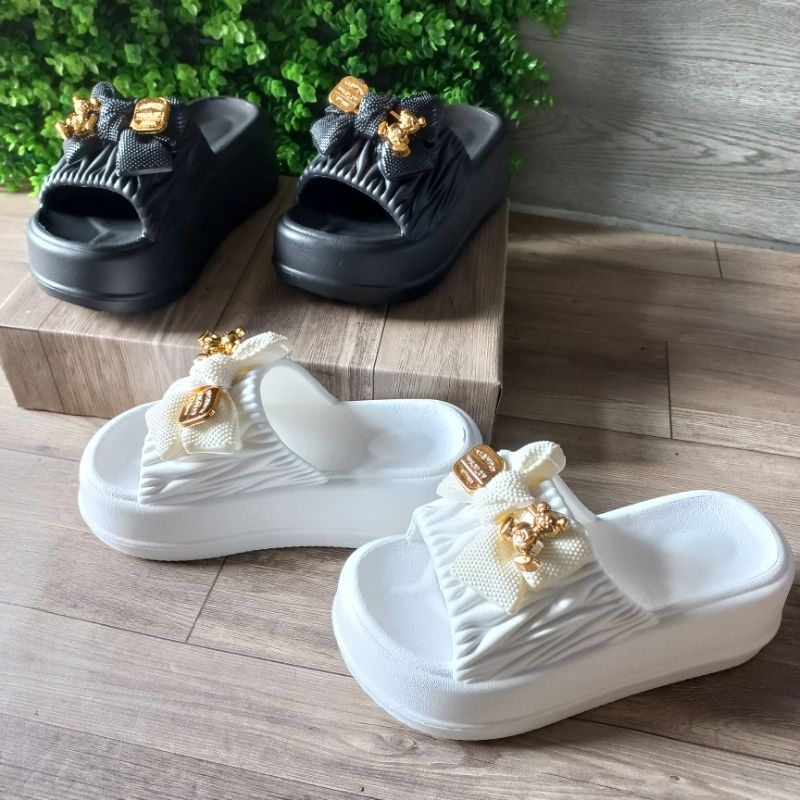 Dép xuồng 7p quai ngang đính nơ, màu trắng, màu đen
