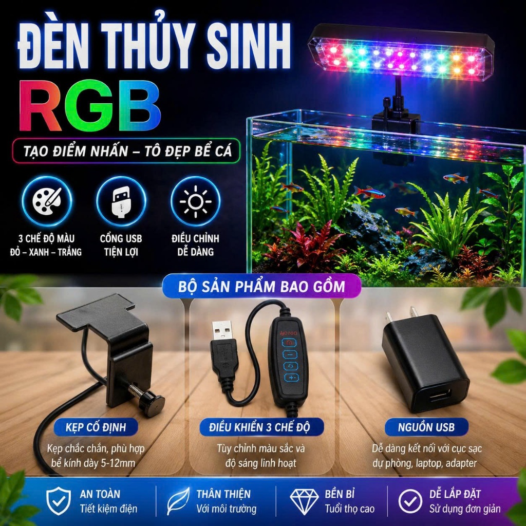 ĐÈN THỦY SINH RGB USB – 3 CHẾ ĐỘ ÁNH SÁNG, ĐIỀU CHỈNH ĐỘ SÁNG