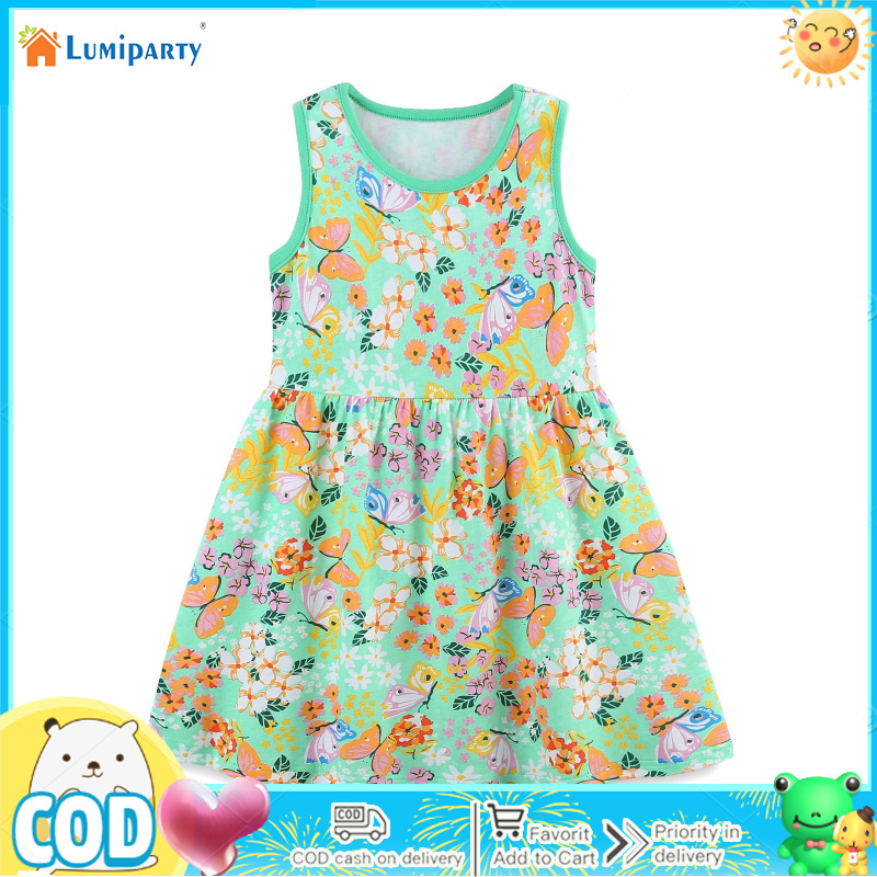 Summer Little Girls Cotton Tank Top Dress Sleeveless Loose Fit Cartoon Butterflies Flowers Print Dress ราคา 204 บาท*ส่งฟรี