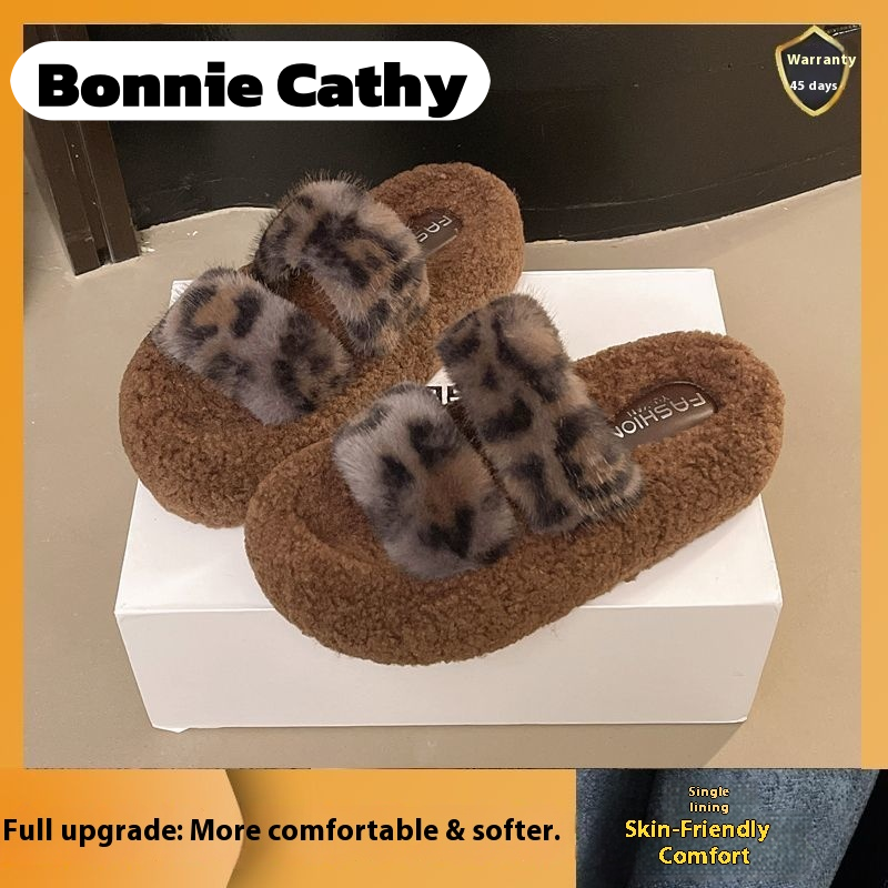 Bonnie Cathy Women's Cotton Slippers New Leopard Print Fluffy Slippers Thick Bottom and Warm Keeping Comfortable Outdoor ราคา 131 บาท*ส่งฟรี