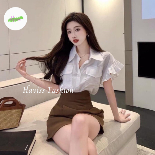 Áo sơ mi nữ tiểu thư Haviss kiểu sơ mi cộc tay thiết kế kiểu bèo cánh tiên kiểu dáng nhẹ nhàng năng 