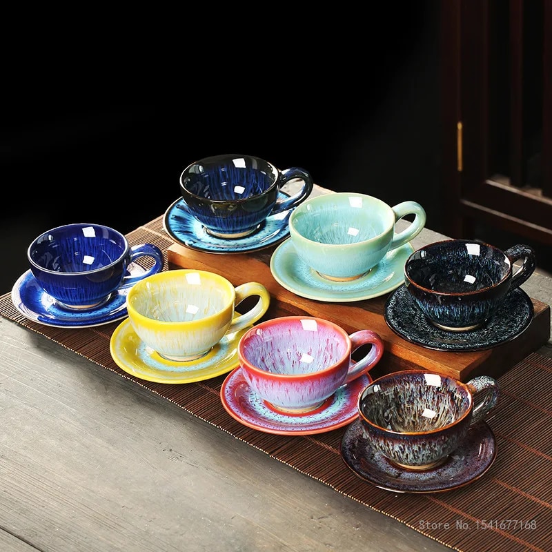 【Clearance sale】 Ceramic Kiln Becomes European-Style Small Luxury Coffee Cup And Saucer Brushed Glaze Retro Home Tea Room Decoration Teacup