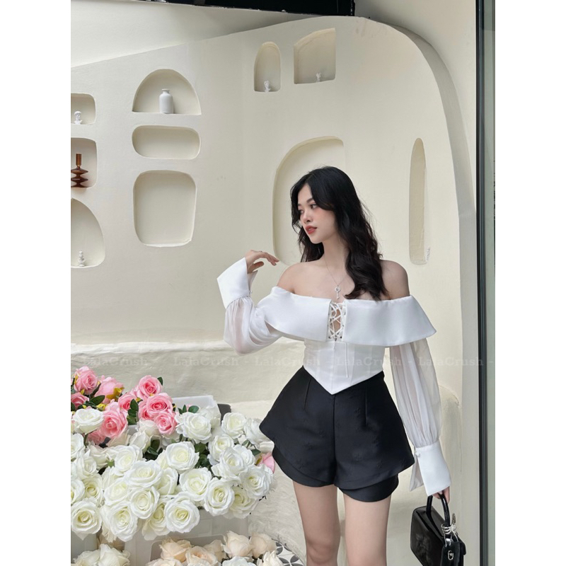 Áo trễ vai tafta tay voan bồng tiểu thư Lala Crush