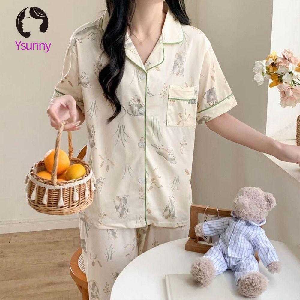 YSUNNY Hoạt hình Đồ ngủ nữ Thỏ Cổ chữ V Đồ ngủ quần ngọt ngào Thoải mái Váy ngủ Đồ Ngủ hai mảnh Mùa hè