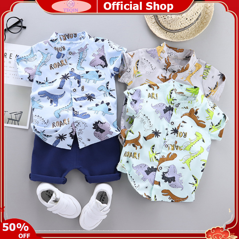 TEQIN IN stock 2pcs Boys Cotton Summer Beach Set Cartoon Dinosaur Printing Short Sleeves Stand Collar Shirt Shorts Two-piece Suit ราคา 141 บาท*ส่งฟรี