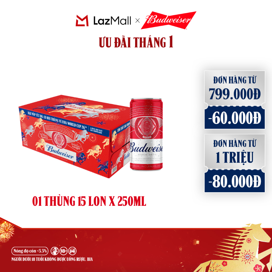  Thùng 15 Lon Bia Budweiser PartyPack Chính Hãng  250ml lon  