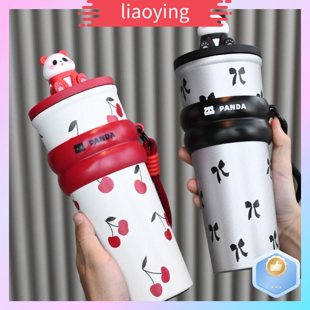 LIAOYING Thép không gỉ 316 Cốc hút chân không hình gấu trúc hoạt hình Có dây nâng 700ml Cốc hút chân không cho trẻ em Di động Quà Tặng Chai nước giữ nhiệt Dành cho học sinh
