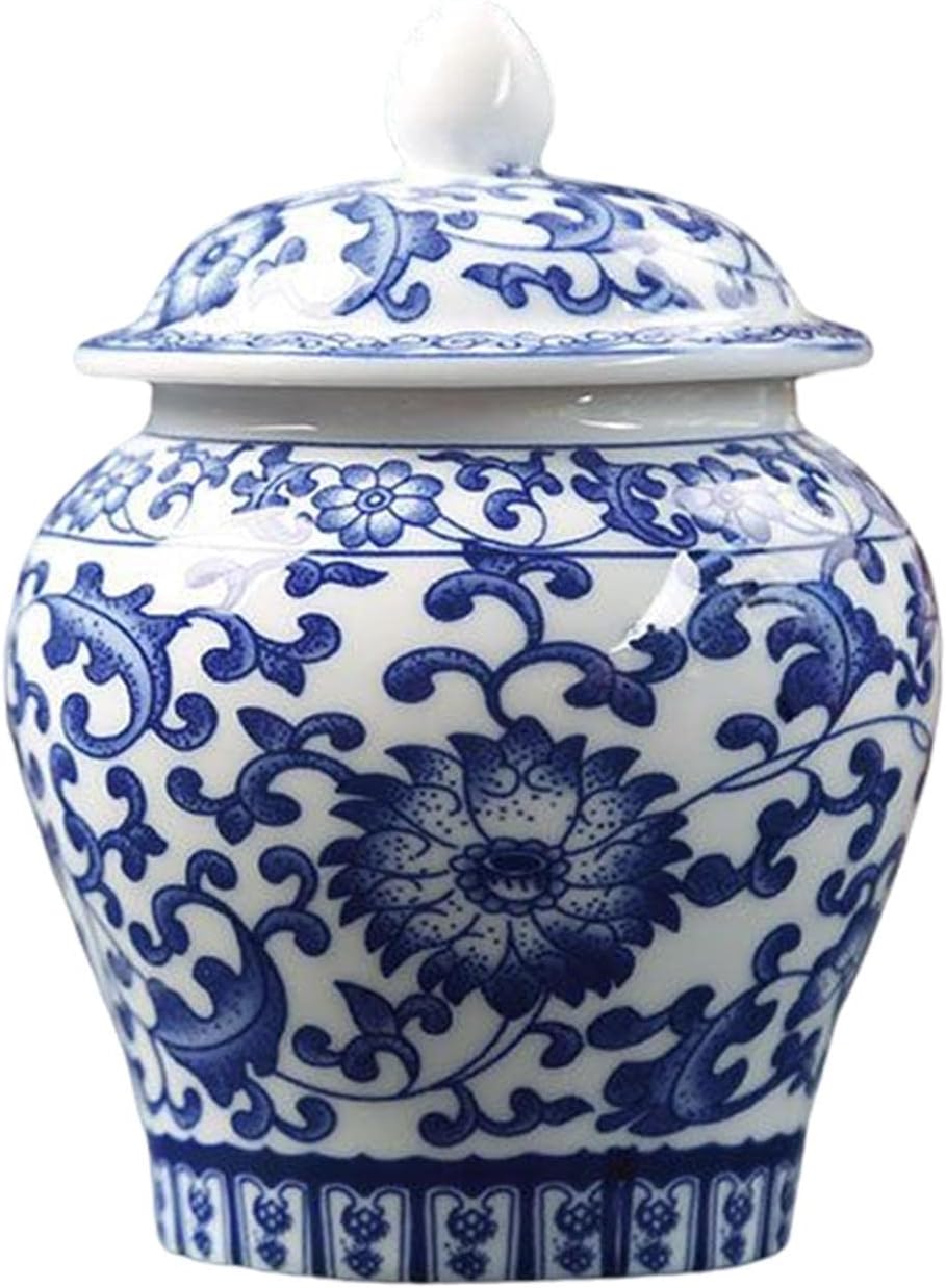 Ceramic Ginger Jar Chinese Style Blue White Porcelain Home Decor Accent Centerpiece Ornament Decorative Flower Vase Food Storage Jar 4.8x3.74