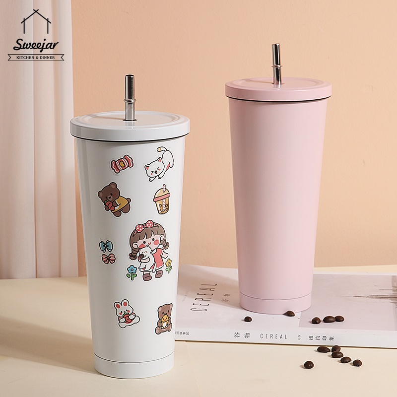 【Đẹp】 sweejar 304 Bình giữ nhiệt với rơm 750ml cốc cà phê dung tích lớn cho nước trái cây sữa