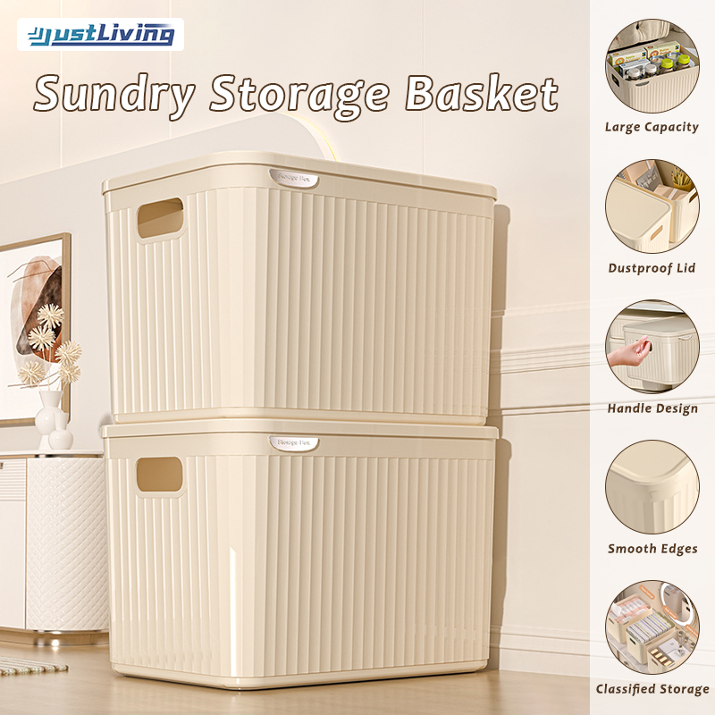 JustLiving Trolley Storage Basket Organizer Durable Plastic Storage Baskets with Lid Kitchen and Office Desk Snack Book Fruit Sundries Storage Laundry Makeup Essentials Storage Basket ราคา 221 บาท*ส่งฟรี