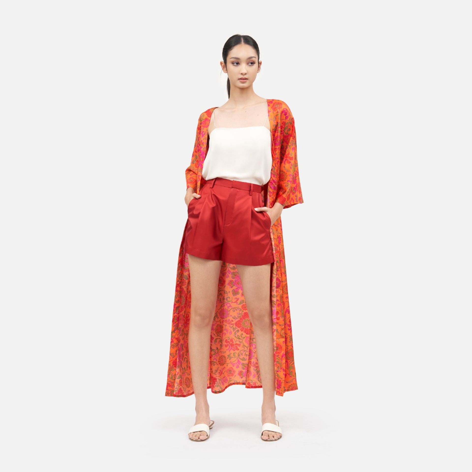 เสื้อคาร์ดิแกน เสื้อคลุมไหมพรมแขนยาวกันหนาว Jim Thompson ตัวยาว Flower Vintage Silk - สีส้ม-XS/S