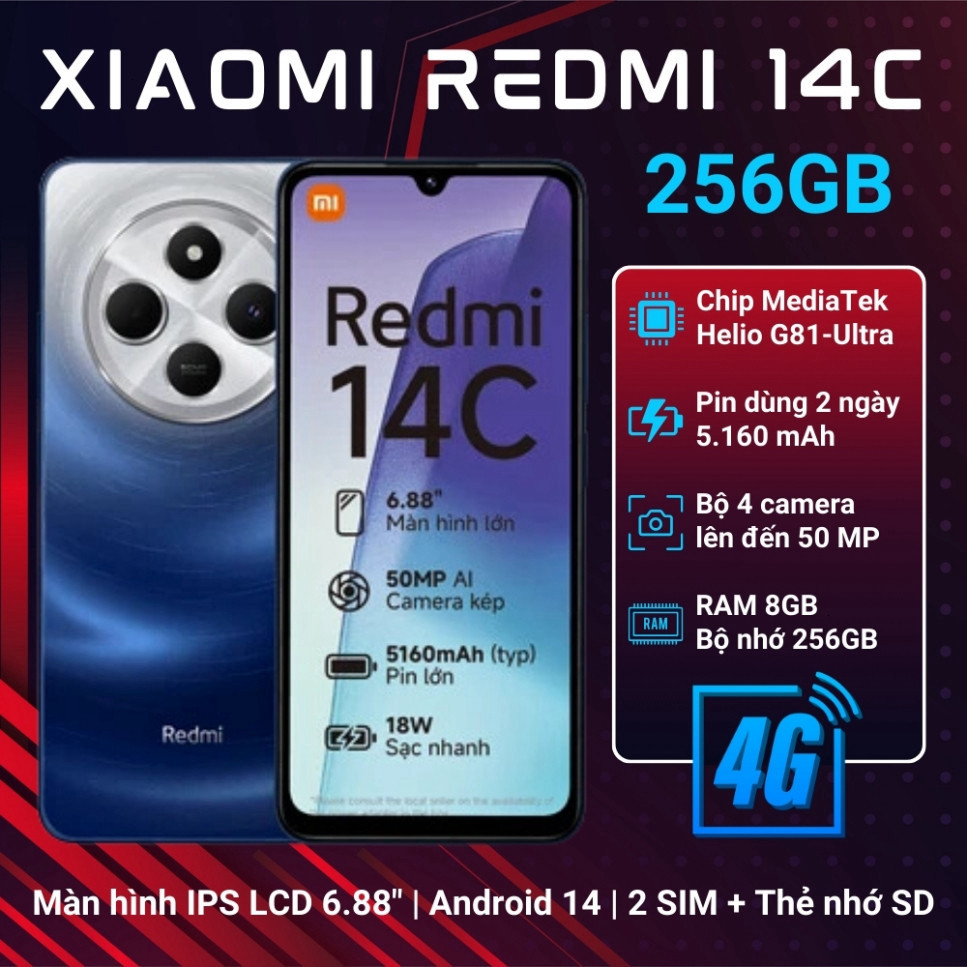 Điện Thoại Xia.0mi Red,mi 14C CHÍNH HÃNG 8GB/256GB - Máy Mới 100% Full Box Nguyên Seal, BH 12 Tháng