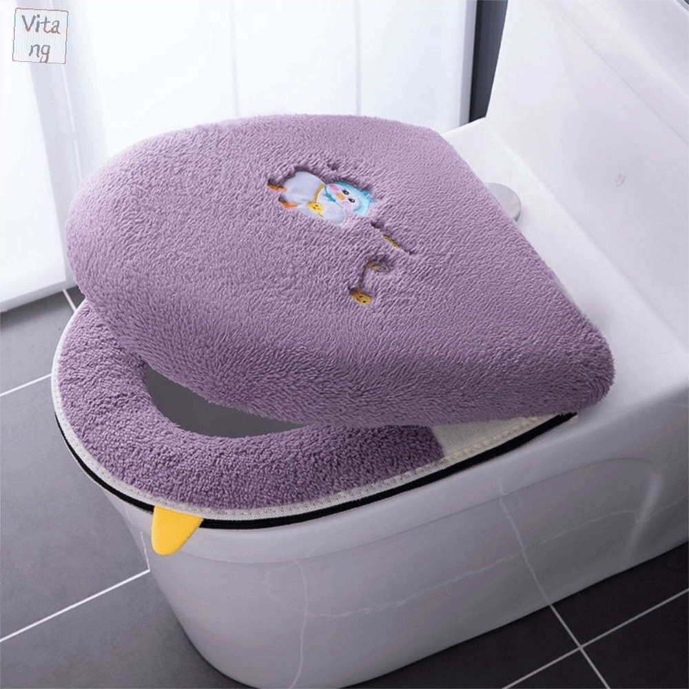 VITANG 2PCS/Set Thêu hoạt hình Bọc bệ toilet Đồ nhồi bông Ấm áp Thảm ngồi bô Chống bụi có tay cầm Đệm ghế vệ sinh Mùa đông