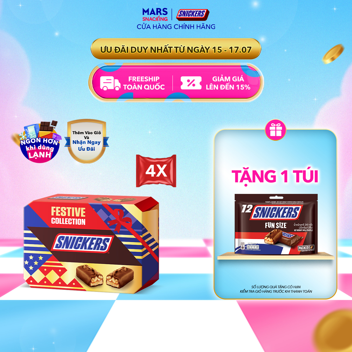 Combo 4 Hộp Kẹo Socola Snickers Funsize 240g (12 thanh x 4 hộp)