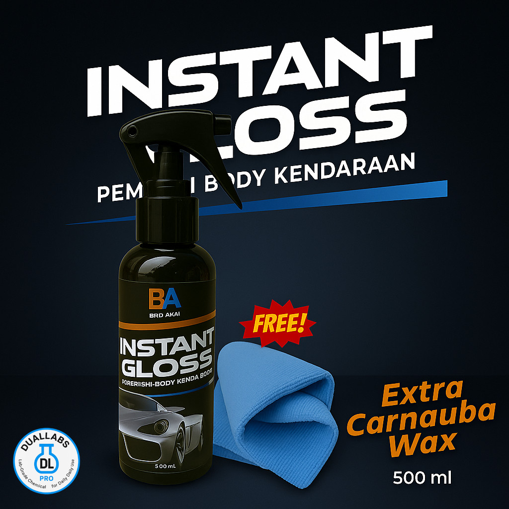 instant gloss 250ml – pengkilap body mobil dan motor, premium instant coating efek daun talas, glossy cepat atau doff seketika free kain microfiber extra carnauba wax semport cairan, aman dan anti abrasive quick detailer wax Harga 42,000 rupiah*Gratis Ongkir