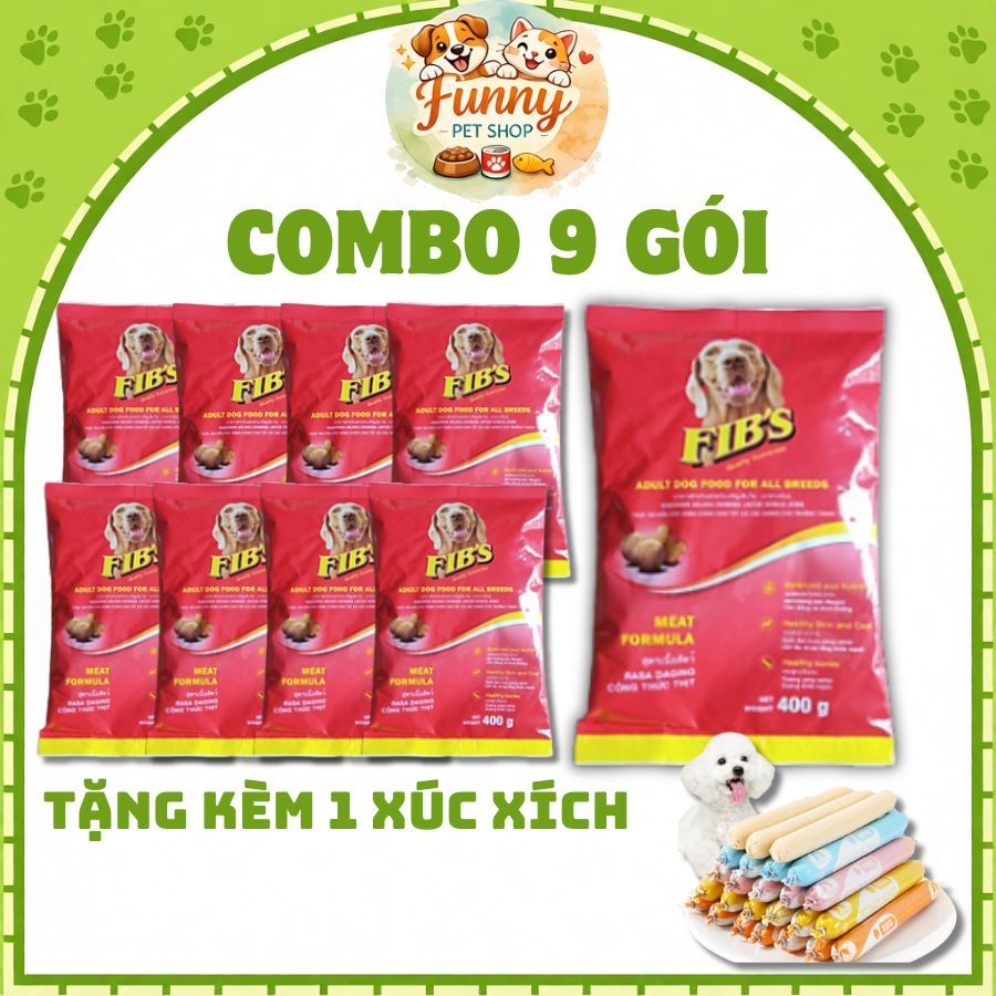 Combo 9 gói thức ăn cho chó Fib’s 400g – Hạt cho chó trưởng thành dinh dưỡng cân đối tặng kèm 1 xúc xích