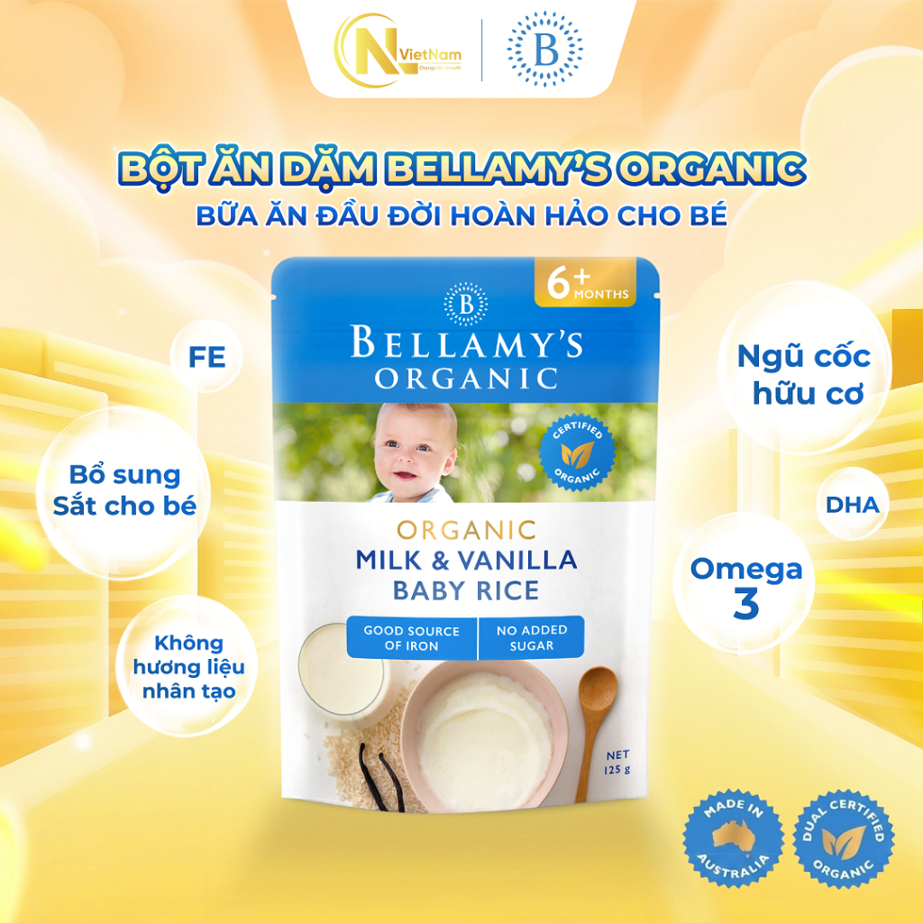 Bột ăn dặm Bellamy's Organic Milk & Vanilla Baby Rice 125g