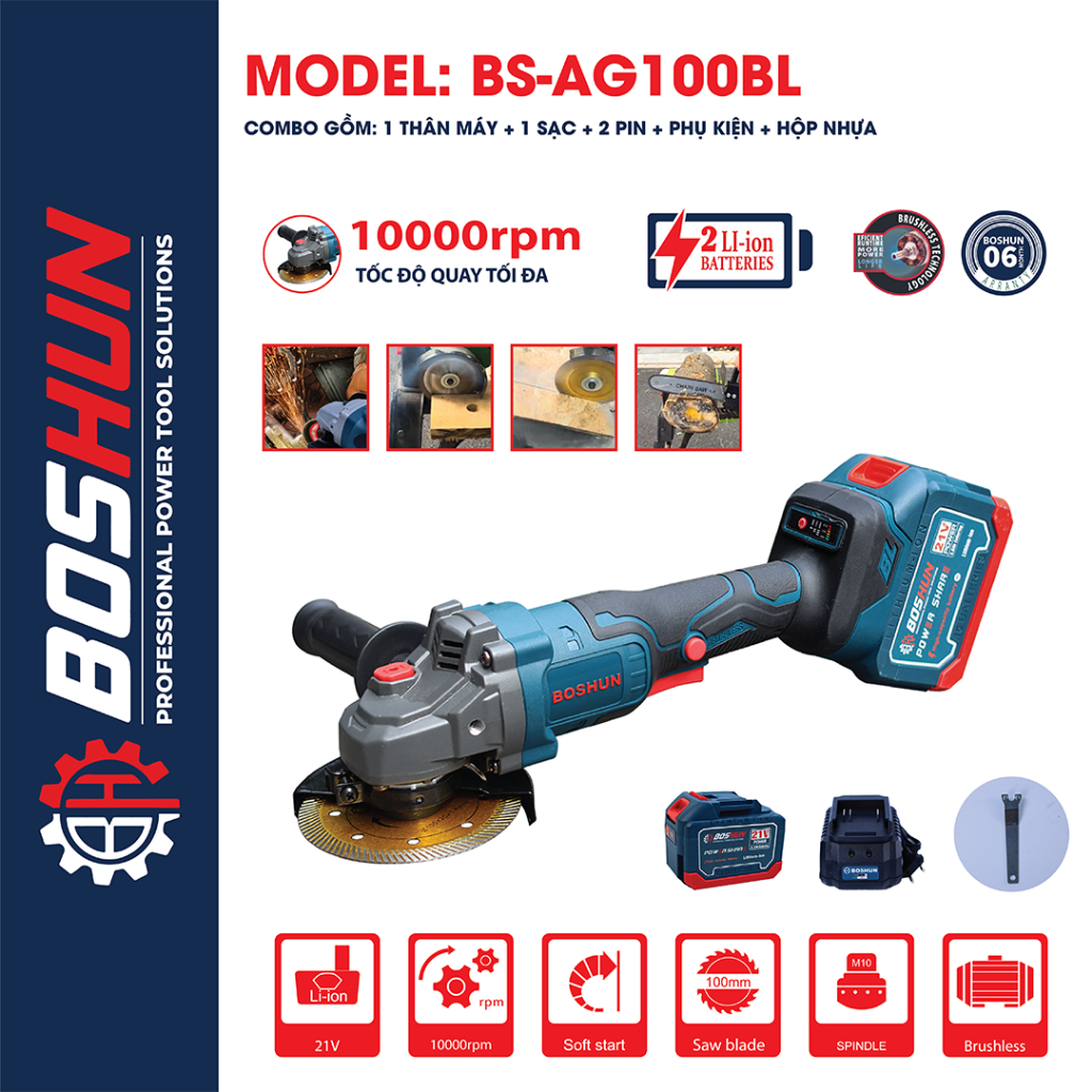 Máy mài pin Boshun BS-AG100BL Không chổi than - motor ruột đồng 100% - Chân pin phổ thông