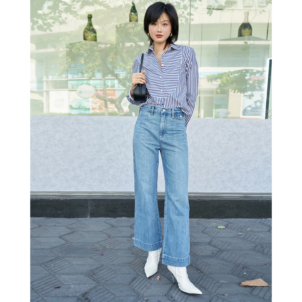 TheBlueTshirt - Áo Sơ mi sọc xanh nữ - Modern Tuxedo Shirt - Blue Navy Stripe