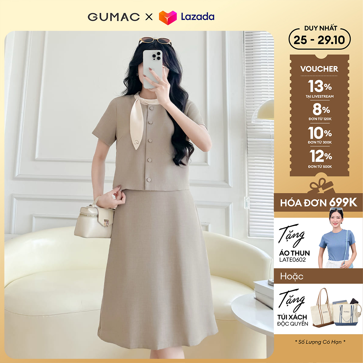 Set lẻ Áo kiểu thêu cổ thời trang GUMAC LAF0913 - Chân váy nữ form A thời trang GUMAC LVF0917