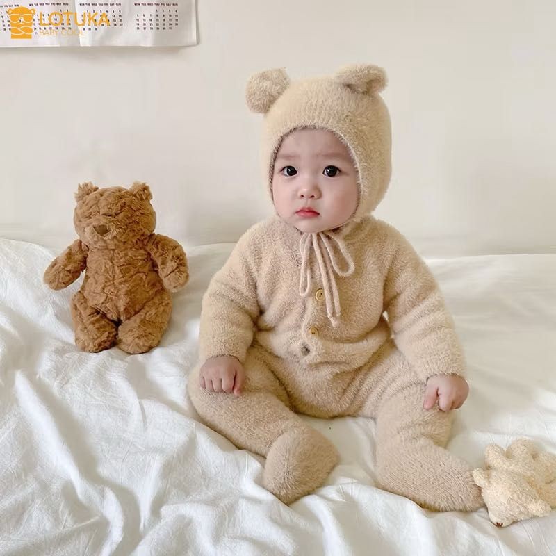 Bodysuit Len Lông Kèm Mũ Siêu Mềm Ấm Áp Cho Bé, Bộ Đồ Liền Thân Thu Đông LOTUKA Bé Trai Bé Gái, Quần Áo Trẻ Em 3-12kg