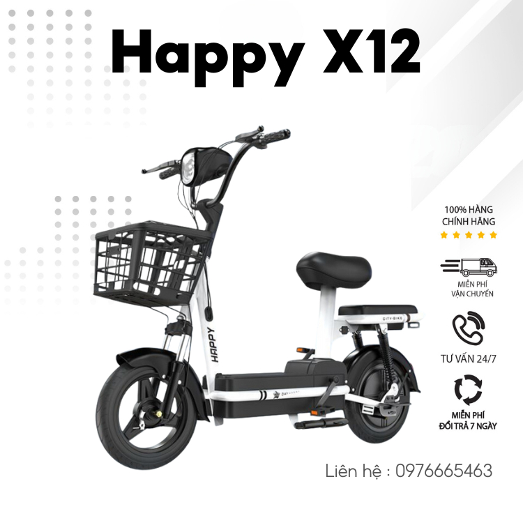Xe đạp điện chính hãng Happy X12 ,Xe điện động cơ 350W , lốp không săm - Bảo hành chính hãng 12 tháng