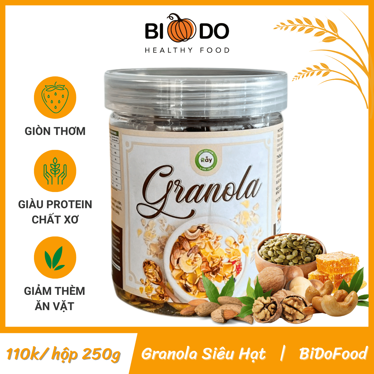 Granola Dinh Dưỡng Mix Hạt RẪY 250g - Bí Đỏ Food - Ngũ Cốc Nướng Mật Ong Thơm Giòn
