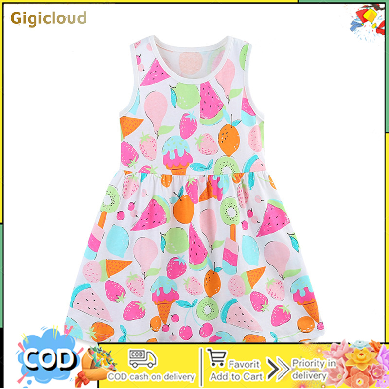 Girls Dresses Soft Summer Cotton Round Neck Sleeveless Dresses T-Shirt Casual Cartoon Fruit Printed Skirt ราคา 204 บาท*ส่งฟรี