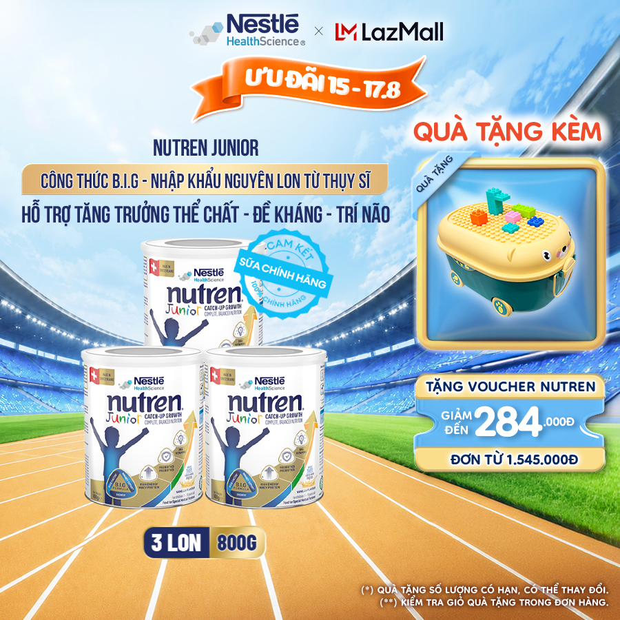 Bộ 3 Sữa Bột Dinh Dưỡng Y Học NESTLÉ NUTREN JUNIOR Xuất Xứ Thụy Sĩ Công Thức BIG Hỗ Trợ Tăng Trưởng Thể ChấtTrí NãoĐề Kháng Cho Bé 800G