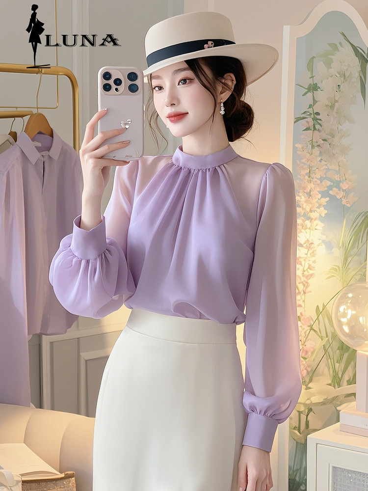  LUNAáo girl phố nữ Mùa thu mới nhất của Hàn Quốc nữ tính đi lại áo lụa trắng áo sơ mi dài tay chống nắng màu tím áo crotop nữ kiểu set đồ nữ đẹp áo nữ rẻ vô đố 