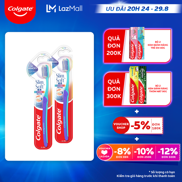 [Ưu đãi 20H 24.8 - 29.8_Áp voucher Colgate 5% + voucher LZD 8%]Bộ 2 bàn chải Colgate Slimsoft Ortho lông chải mềm mại xếp hình U cho người niềng răng