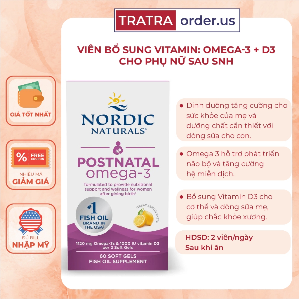 Viên Vitamin Omega 3 + D3 cho phụ nữ sau sinh Nordic Naturals Postnatal 60 viên Vị Chanh [Nhập Mỹ]