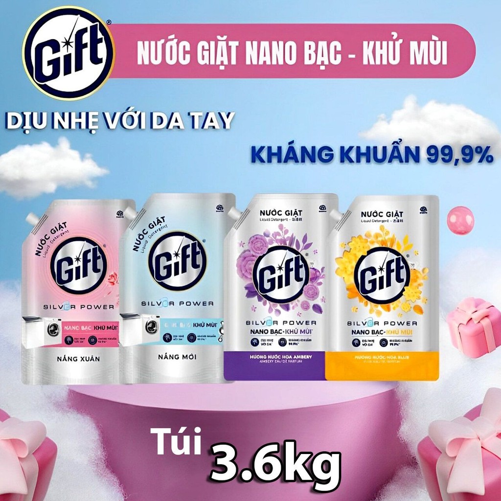 [12.12] Túi lớn 3.6kg nước giặt GIFT Nano bạc kháng khuẩn hương nước hoa