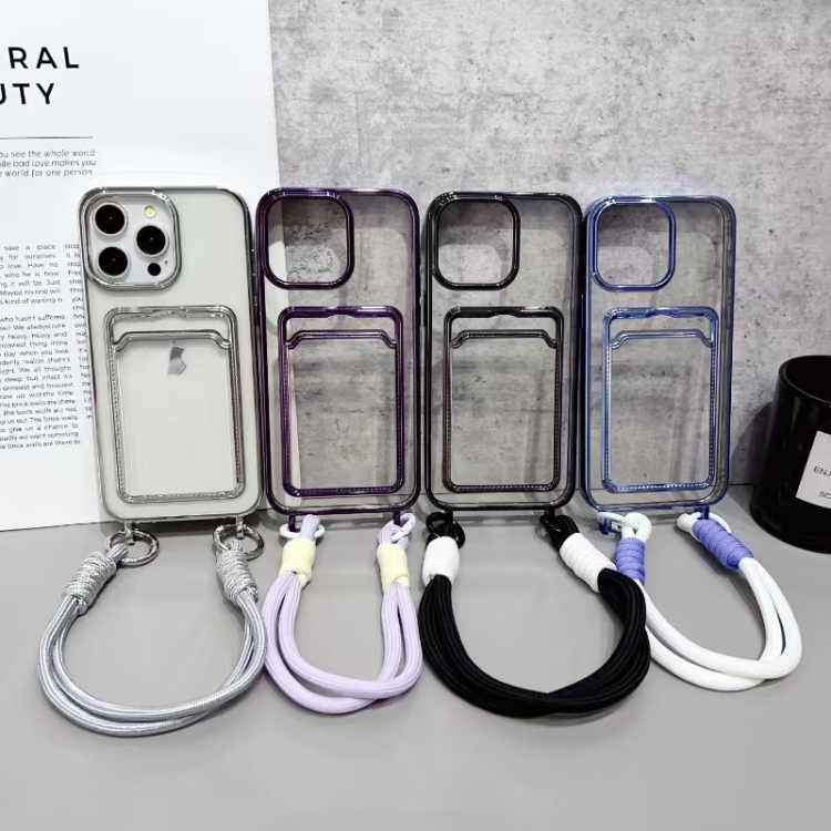 【 5AceShop 】 Plating Clear TPU Phone Case with Card Slot & Strap For iPhone 15 Pro Max/iPhone 15 Plus/iPhone 14 Plus/iPhone 14 Pro/iPhone 14 Pro Max/iPhone 13 Pro Max/iPhone 13 / 14/iPhone 12 Pro Max/iPhone 12 / 12 Pro/iPhone 11 Pro Max